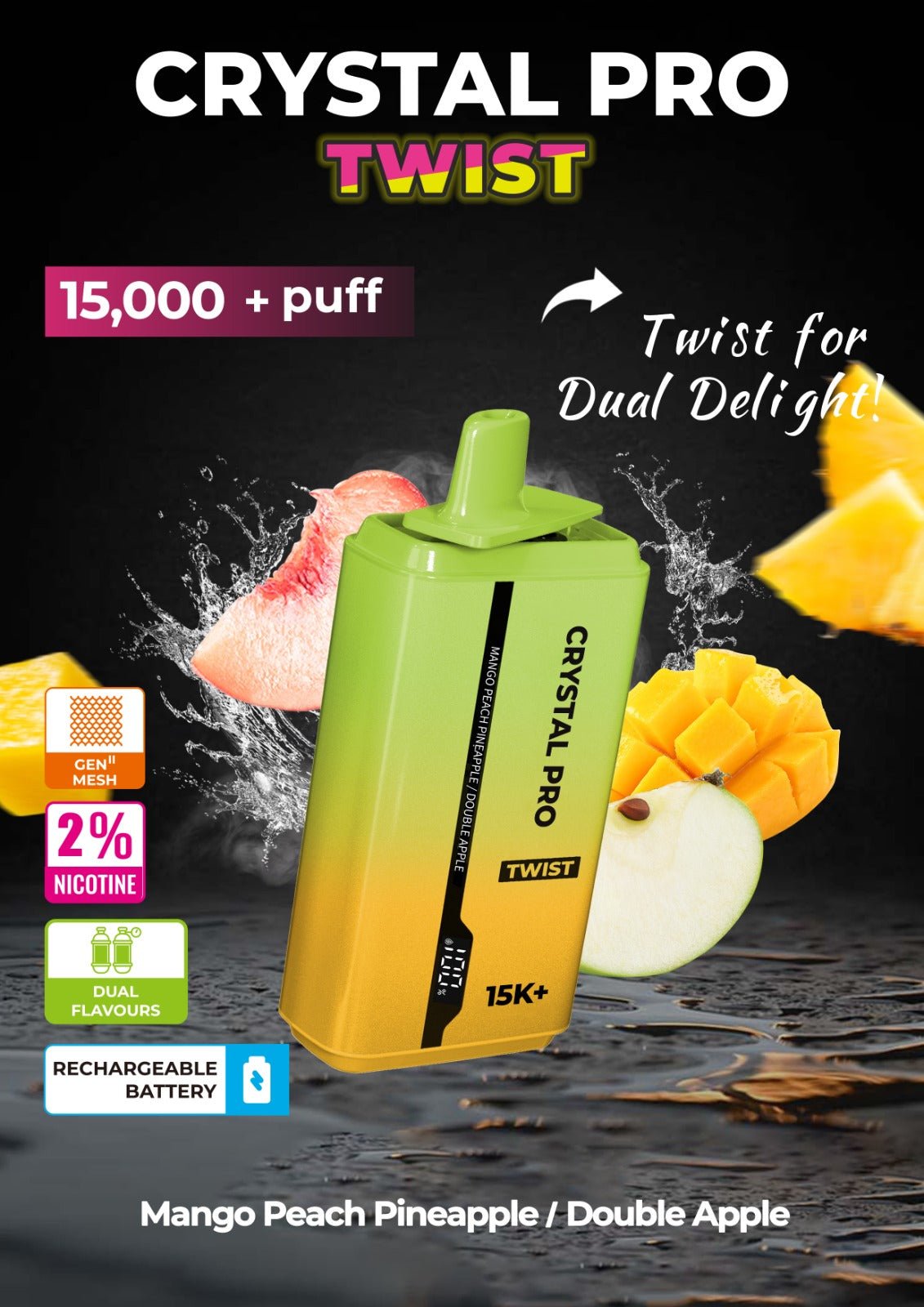 Crystal Pro Plus Twists 15000 Puff Refillable & Rechargeable Vape Device