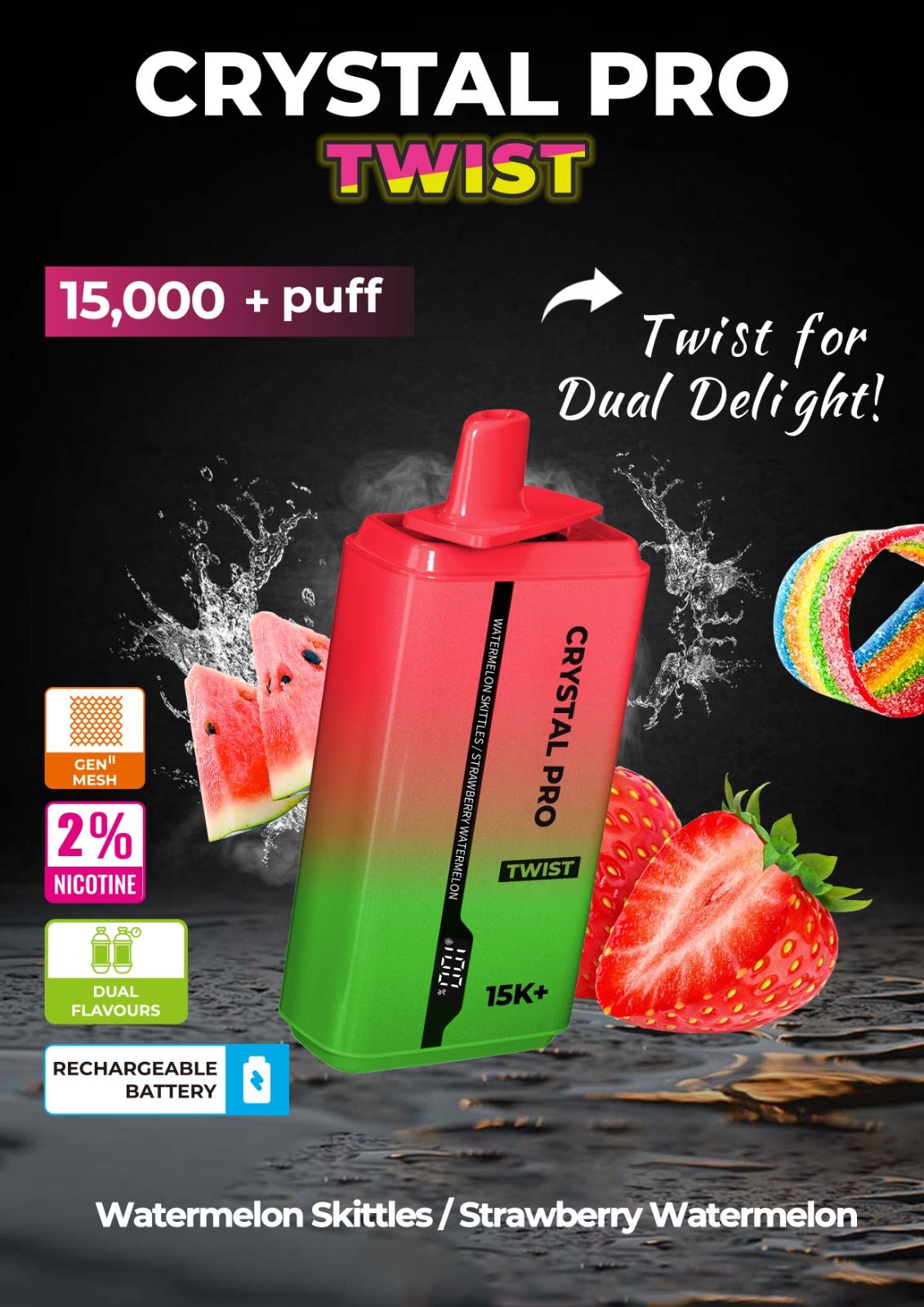 Crystal Pro Plus Twists 15000 Puff Refillable & Rechargeable Vape Device