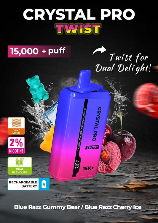 Crystal Pro Plus Twists 15000 Puff 20mg Disposable Vape Blue Razz Gummy Bear  / Blue Razz Cherry Ice