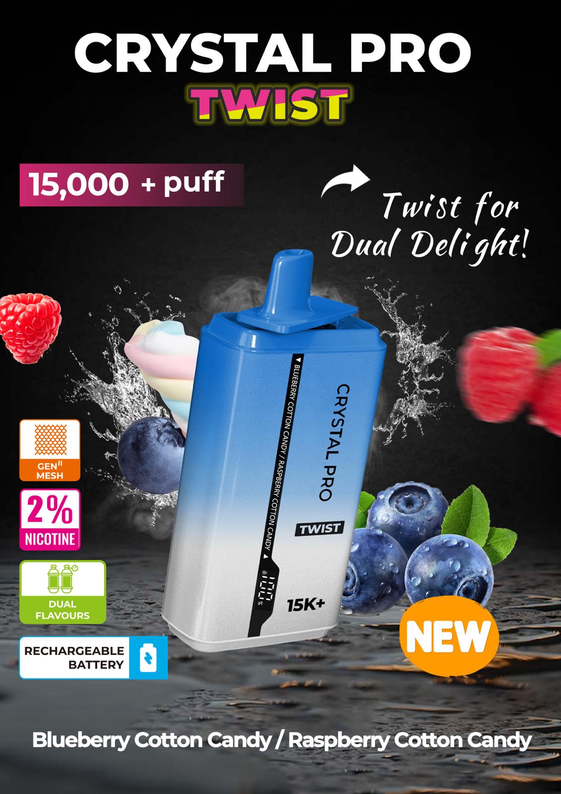 Crystal Pro Plus Twists 15000 Puff Refillable & Rechargeable Vape Device