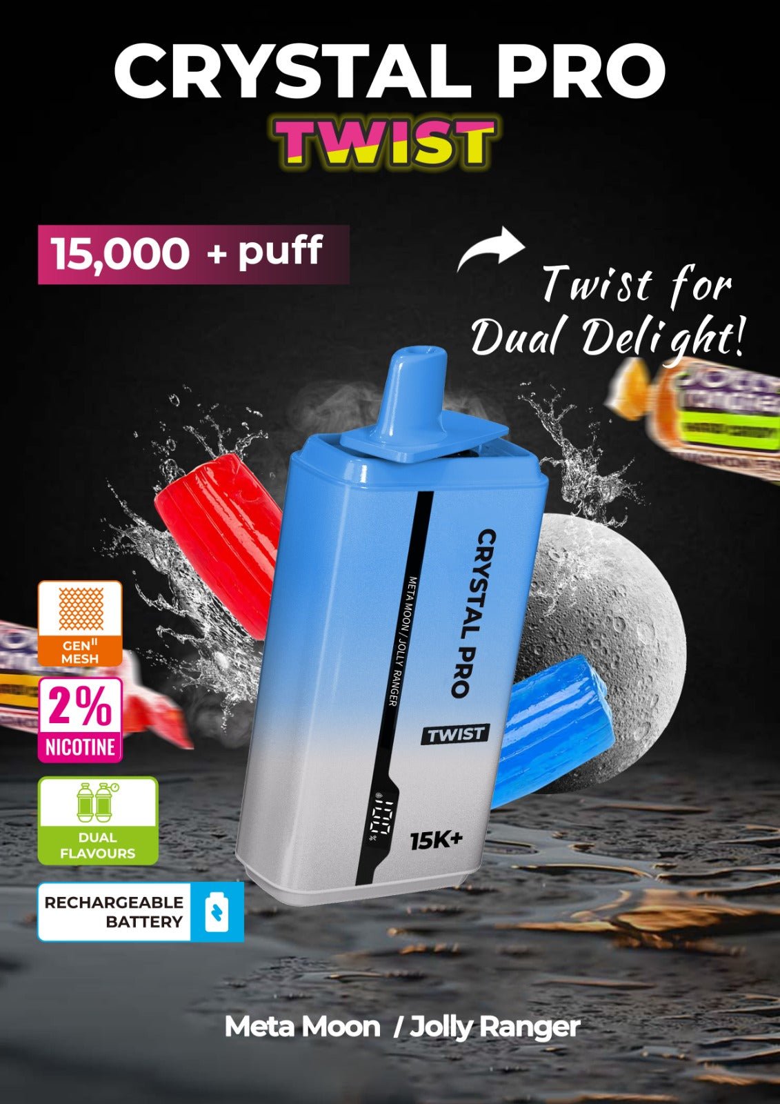 Crystal Pro Plus Twists 15000 Puff Refillable & Rechargeable Vape Device - Box of 10