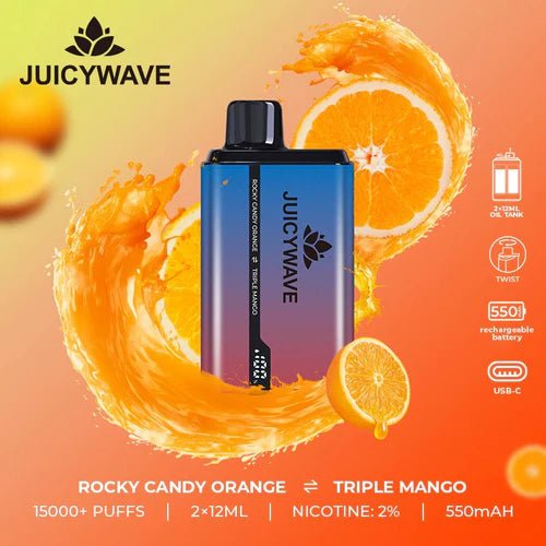 Juicy Wave 15,000 Disposable New 2 In 1 Flavour 20mg Rocky Candy Orange / Triple Mango